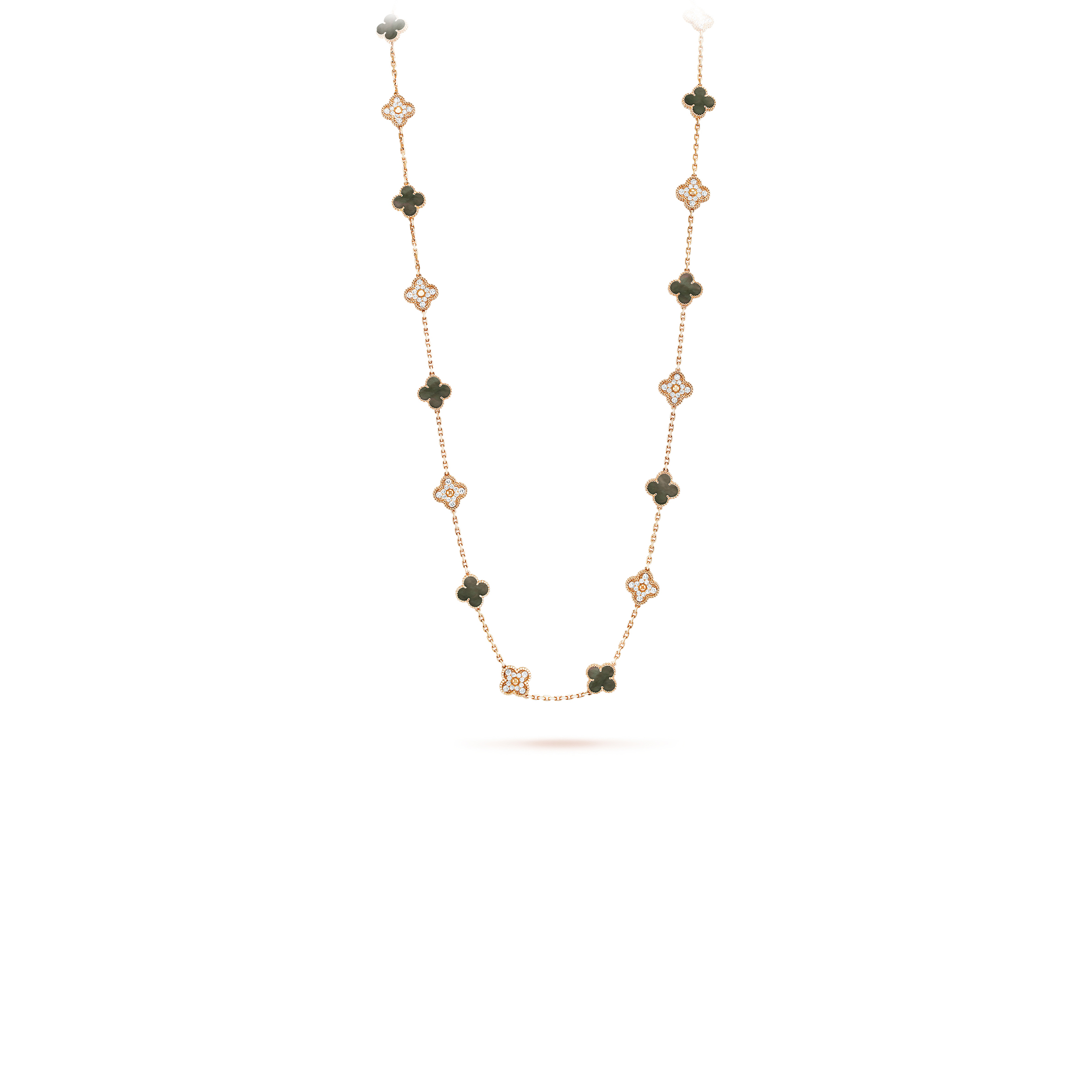 VAN CLEEF ARPELS VINTAGE ALHAMBRA LONG NECKLACE, 20 MOTIFS - ROSE GOLD, DIAMOND, MOTHER-OF-PEARL  VCARP2R000